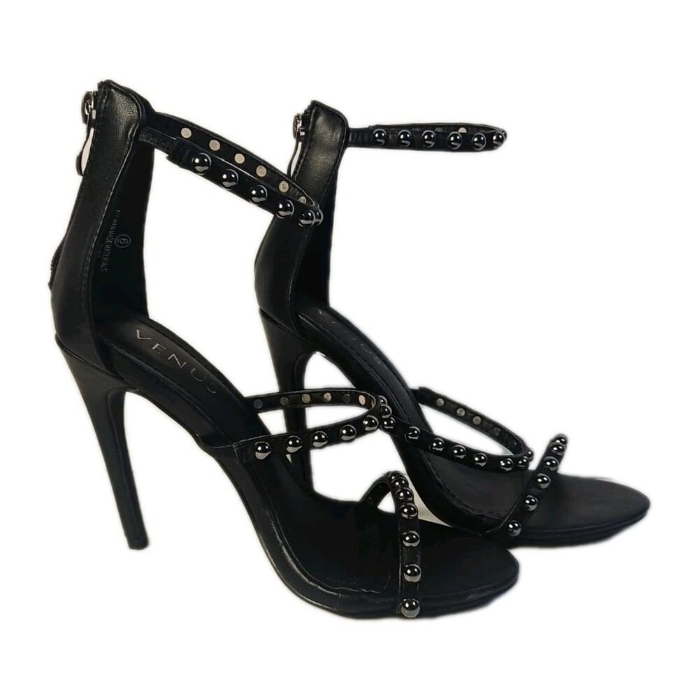 VENUS Studded Strappy Heels Black Stiletto Ankle Strap Womens 6 4"